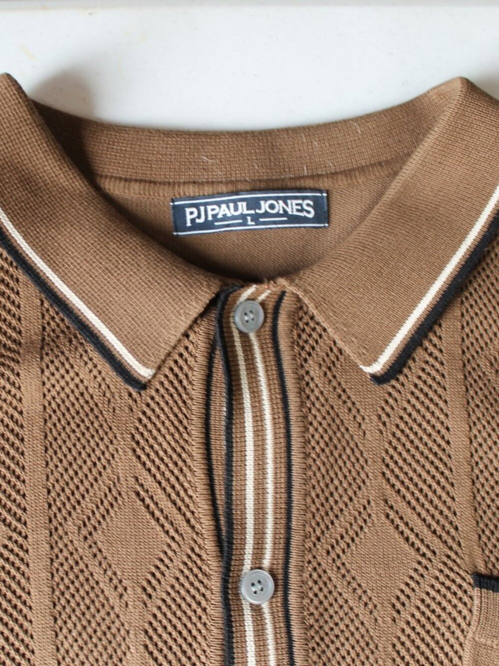 PJ Paul Jones Shirt Mens Large Brown Knit Hollow Out Crochet Polo Vintage